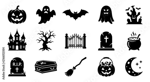 Set of halloween themed black silhouette icons.