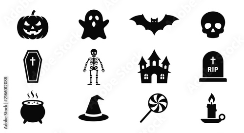 Set of Twelve Halloween Holiday Icons and Silhouette Symbols.