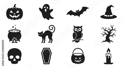 Set of twelve black halloween icon silhouettes on white background.