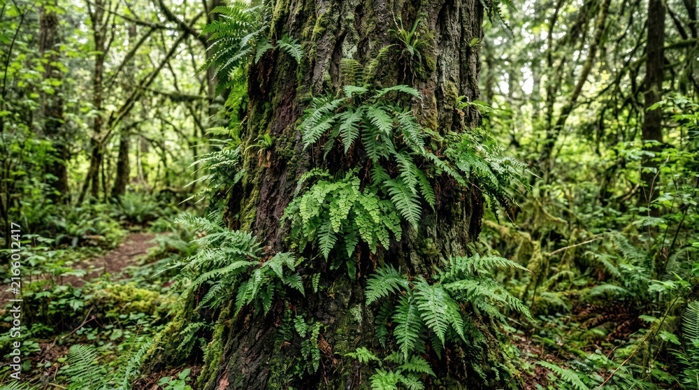 Fototapeta premium lush green ferns growing on tree bark in forest environment