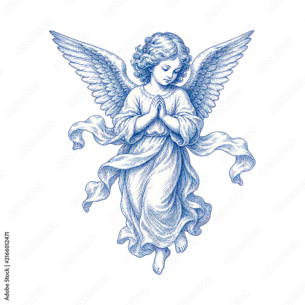 Naklejka premium Illustration of an angel with wings, in prayer. PNG with transparent background.