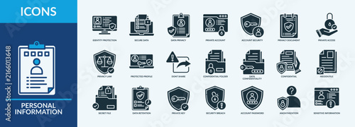 Personal Information icon set vector illustration. Containing icon of identity protection, anonymization, private access and more. Glyph solid icon symbol collection