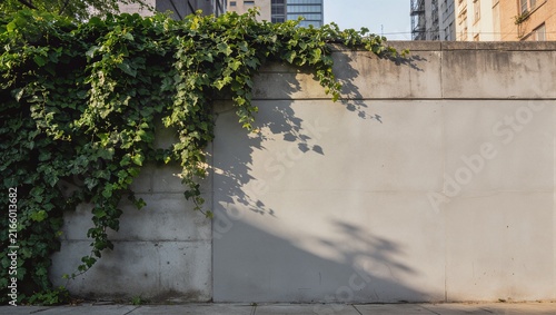 Lush green ivy climbing over a weathered concrete wall in an urban environment. City nature contrast with copy space for text and design.