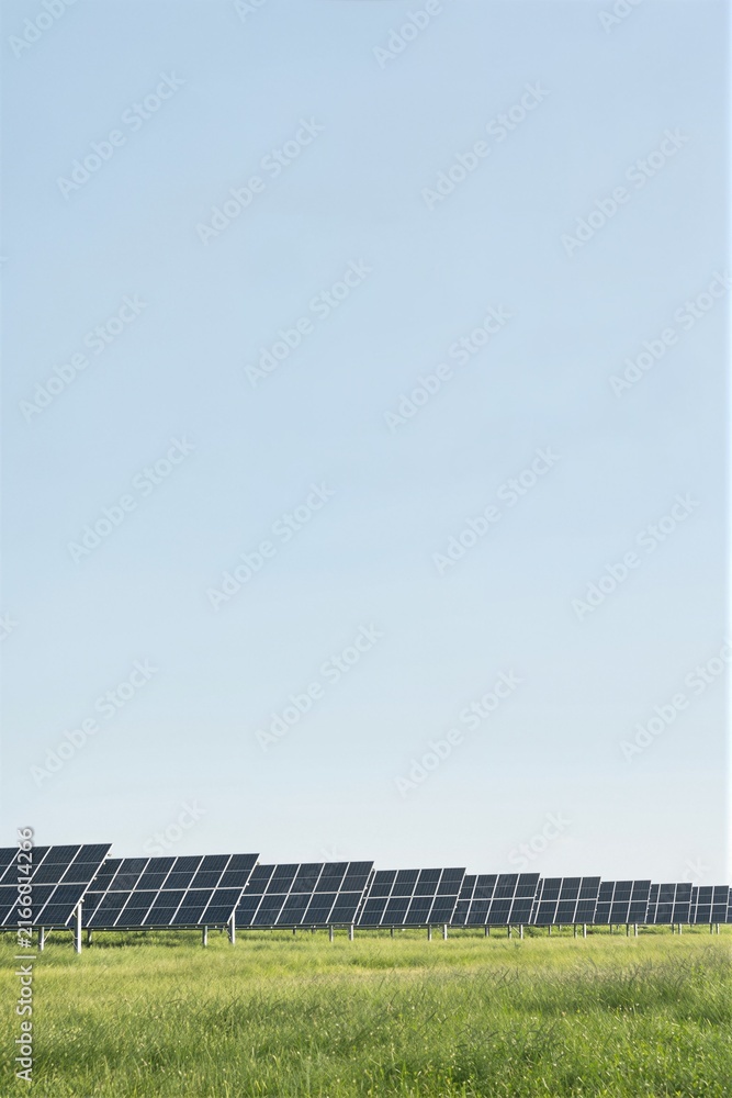 Fototapeta premium Solar panel array stretching across a bright green meadow under a clear blue sky. Renewable energy infrastructure in a clean natural landscape.