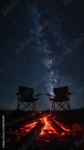 Vertical shot of two camp chairs and a crackling campfire under a vivid Milky Way sky. Intimate stargazing and night camping experience.