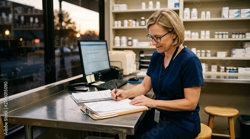 Pharmacist reviewing shelf organization for look-alike sound-alike medications stored separately in a pharmacy storage room