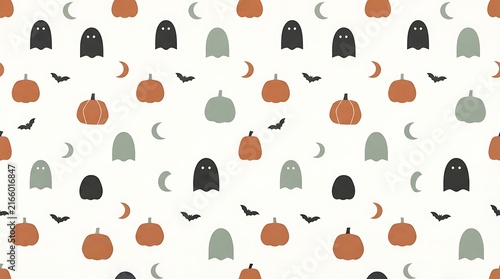 Halloween Pattern: A whimsical pattern featuring playful ghosts, cheerful pumpkins, and spooky bats, perfect for seasonal decorations and festive designs.