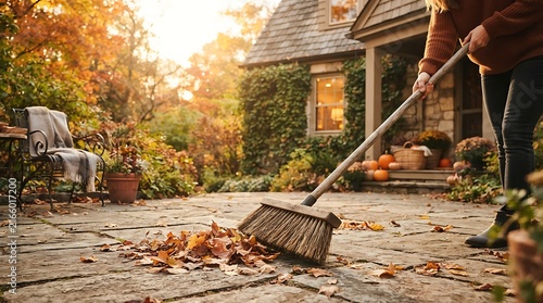 Autumnal Homefront: A person diligently sweeps fallen leaves from a stone patio in front of a cozy cottage, embracing the crisp air and warm hues of autumn.