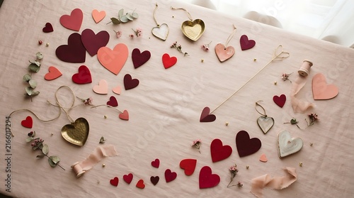 Valentine's Day Heart Arrangement: A beautiful display of various heart shapes, from tiny to large, in shades of red, pink, and burgundy, artfully arranged on a pale pink tablecloth, evoking love.