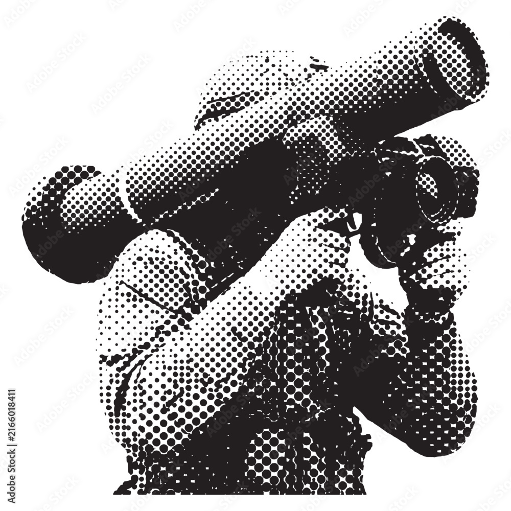 Fototapeta premium Halftone screenprint illustration of a soldier aiming a rocket launcher in a stippling dots style, rasterized black and white military silhouette isolated on white background.