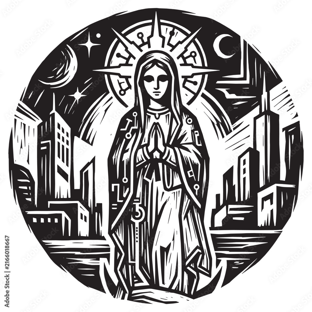 Fototapeta premium Modern religious Madonna praying in a city skyline, black and white woodcut, engraved style relief, carved printmaking illustration of sacred divinity with celestial halo and stars