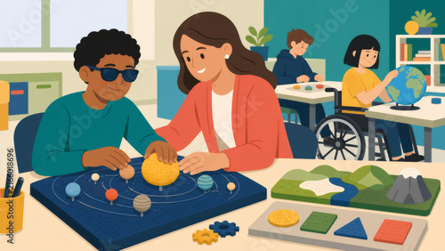 Teacher helping visually impaired student learning solar system with tactile model in inclusive classroom