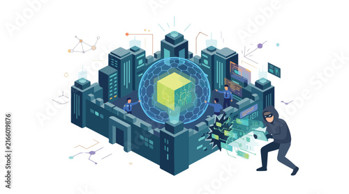 Isometric cyber security illustration with a hacker breaching a digital fortress database protected by a shield.