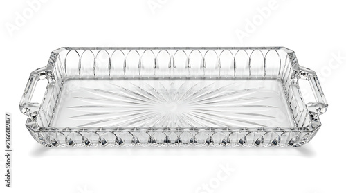 Close up of empty rectangular clear textured glass tray with sunburst pattern on white background for elegant modern home accessory display