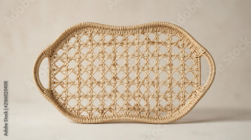 Top view of empty oval cane webbing rattan tray with open lattice pattern on neutral background for bohemian interior decor display