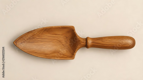 Close up of wooden gardening trowel with rounded handle on warm beige background for sustainable organic horticulture and plant care presentation
