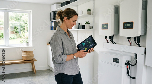 A woman stands in a modern utility room monitoring a residential solar energy system on a digital tablet, showing wall-mounted inverters and a home battery storage unit for power.
