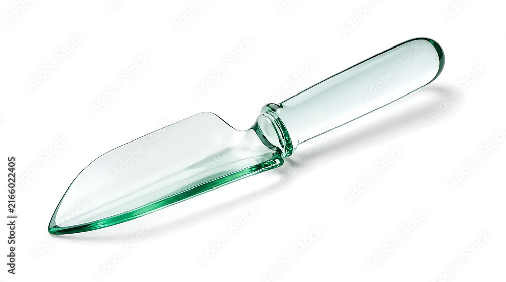 Fototapeta premium Macro close up of transparent green glass gardening trowel neck showing smooth fluid curves on pure white background for minimalist aesthetic design