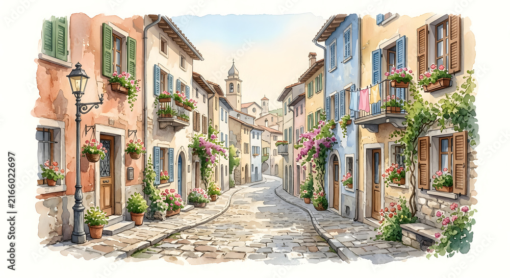 Fototapeta premium Watercolor Illustration of an Old Cobblestone Street in a European Village