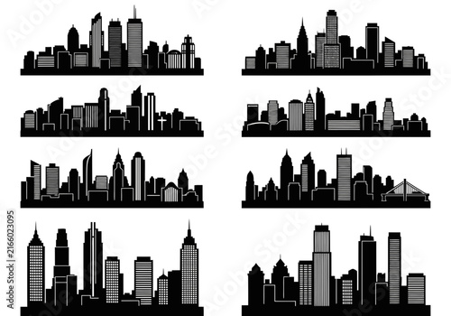 Set of black and white city skylines and urban building silhouettes isolated on white background with city skyline urban silhouette cityscape set city lights