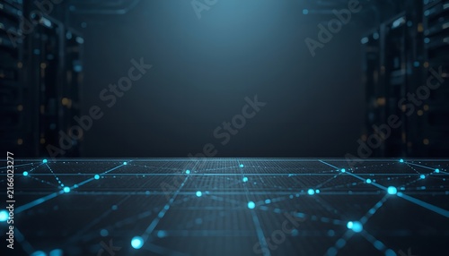 Digital network nodes glow brightly across dark textured floor surfaces inside futuristic server room environment with deep blue atmospheric lighting