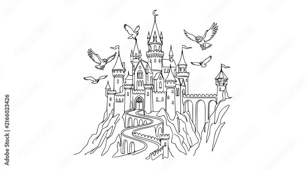 Naklejka premium Fantasy Castle Drawing with Birds Flying, Isolated Line Art