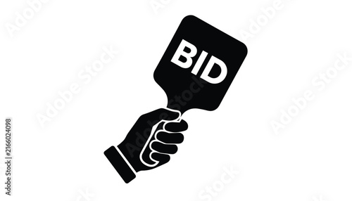 Black silhouette of a hand holding up an auction bidding paddle with the word BID written in bold white letters.