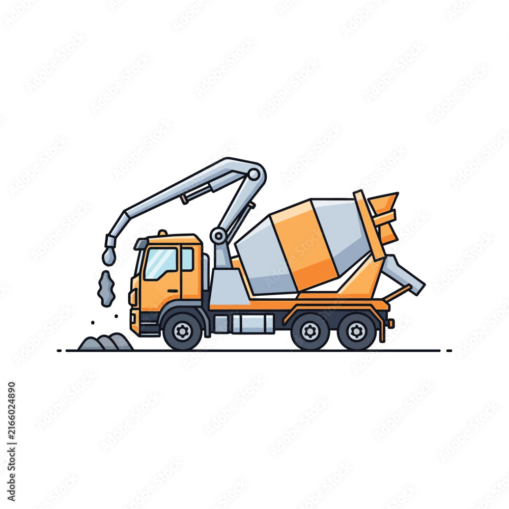 Fototapeta premium Industrial Concrete Mixer Truck with Pump Arm Vector Illustration