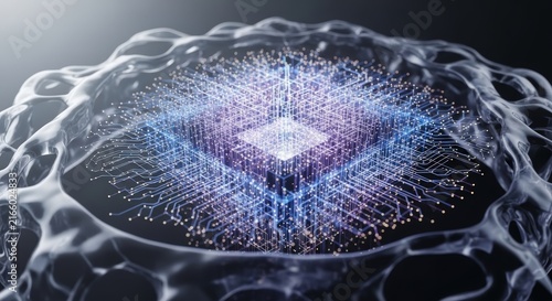 A glowing, intricate microchip-like core with radiating neural pathways encased within a translucent organic membrane, symbolizing advanced biological computing or AI.