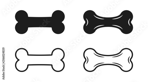 Dog bone shape set featuring flat black silhouettes and detailed outline graphic vector design elements