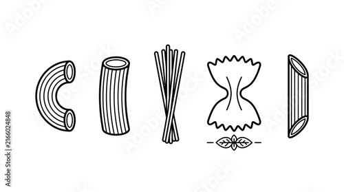 Collection of diverse Italian pasta shapes illustrated in clean black and white minimalist vector line art