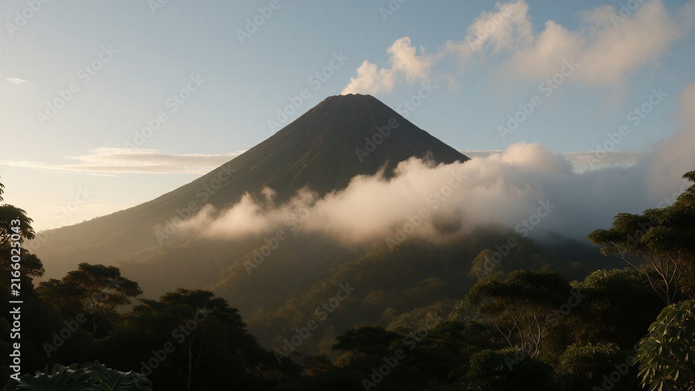 Obraz premium Tropical Volcano Releasing Steam Into Cloud Cover
