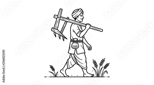 farmer carrying a traditional wooden plow across shoulders in this simple black vector illustration