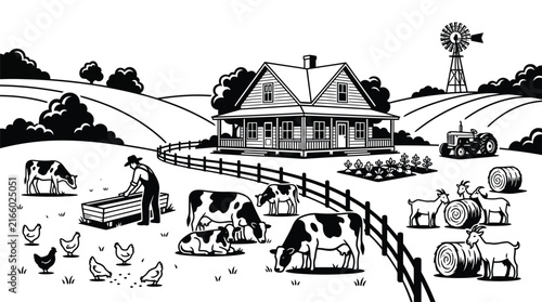 Minimalist black and white vector illustration depicting a peaceful farm landscape with animals and buildings