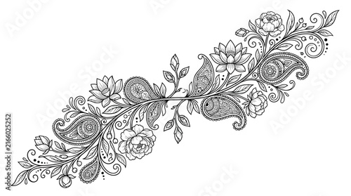 Elegant black and white paisley floral vector design with intricate blooming lotus flowers and swirls