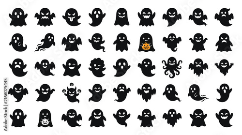 Spooky ghost silhouette collection featuring various Halloween expressions designed as high-quality black vector graphic icons