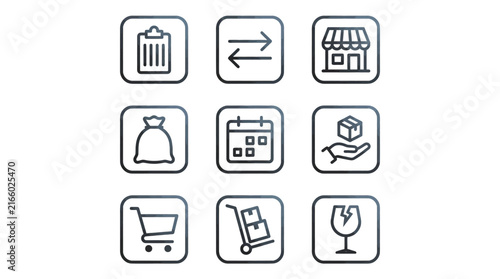 Logistics and commerce line vector icon set featuring business symbols for modern web interface design layouts