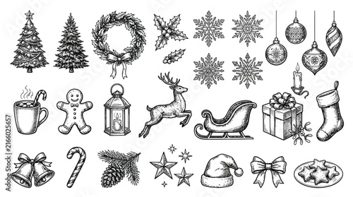 Detailed collection of festive Christmas elements featuring hand-drawn sketch-style vector graphic design icons set