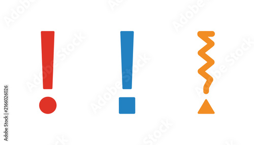 Three diverse colorful exclamation mark symbols depicted as a red circle, blue square, and orange triangle on white.