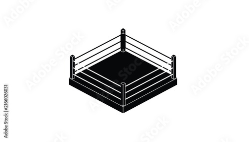 Isometric vector illustration of a professional boxing ring with black floor and white ropes on white background.