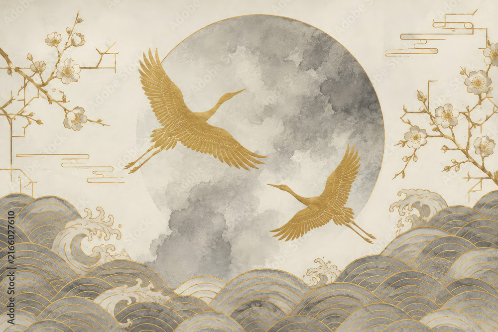Naklejka premium Japanese Crane and Moon with Waves and Cherry Blossoms in Gold Art Style