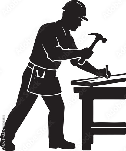 Carpenter Silhouette Using Hammer, Construction Worker Nailing Wood at Bench, Black Builder Character Vector, Trade Craftsman Icon