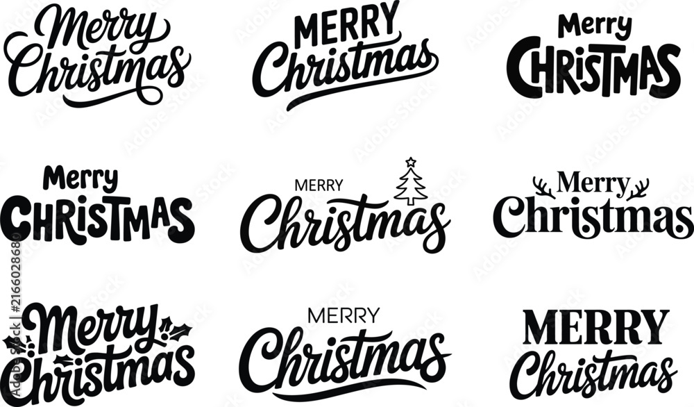 Obraz premium Merry Christmas typography lettering design featuring nine different text styles, holly leaves, and pine tree silhouettes on white background