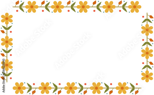 Long square circular shape yellow flower with branch arranged frame border decoration, nature botanical theme 