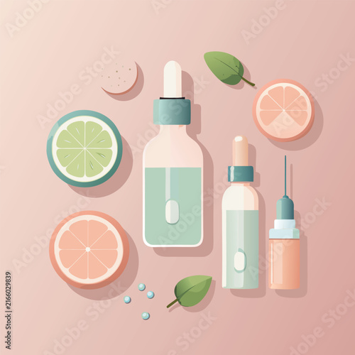Natural Skincare Products with Citrus Fruits on Soft Pink Background