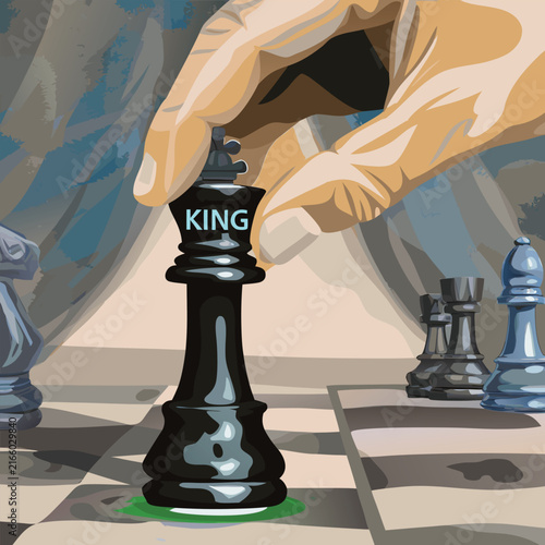 Hand Moving Black King Chess Piece on Chessboard with Strategy and Focus