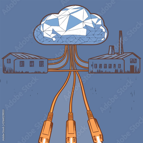 Diamond shaped energy network connecting modern and traditional houses with industrial plant illustration