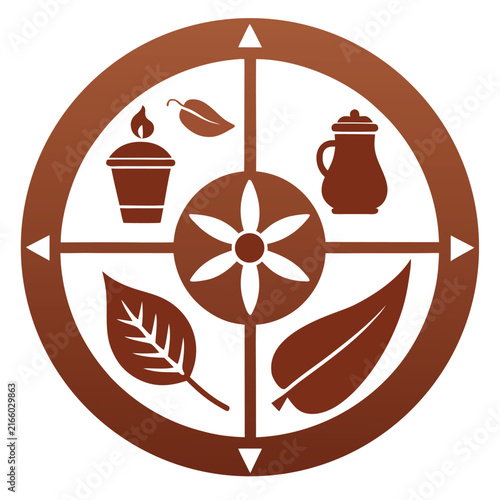 Brown Circular Eco-Friendly Logo with Leaves and Tea Elements