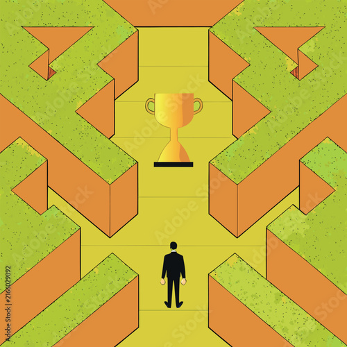 3D businessman winning trophy on chessboard path success strategy goal achievement leadership game plan competition victory