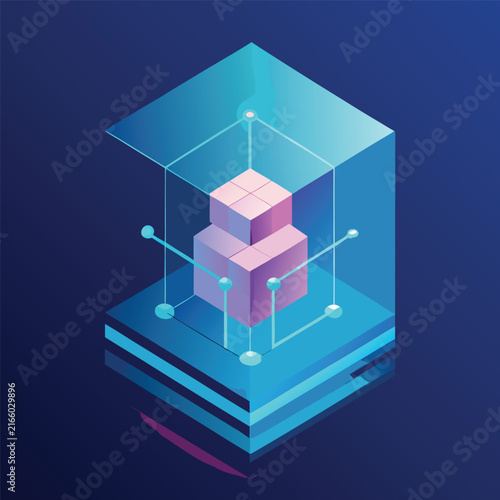 3D glowing data cube in futuristic digital glass case with neon blue lighting technology concept